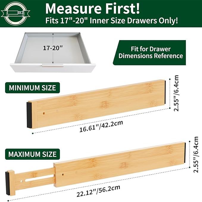 4 Pack Bamboo Drawer Dividers 2.6" High,Adjustable Spring Loaded Clothes Drawer Organizers for Kitchen, Dresser, Bathroom, Bedroom and Office
