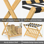 Luggage Rack for Guest Room, Wide Suitcase Stand with Storage Shelf, Folding Luggage Stand Holder for Bedroom Hotel, Bamboo Luggage Rack for Suitcases (Unassembled - 1 Pack Natural)