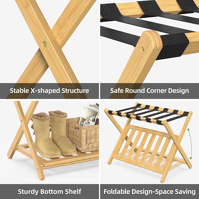 Luggage Rack for Guest Room, Wide Suitcase Stand with Storage Shelf, Folding Luggage Stand Holder for Bedroom Hotel, Bamboo Luggage Rack for Suitcases (Unassembled - 1 Pack Natural)