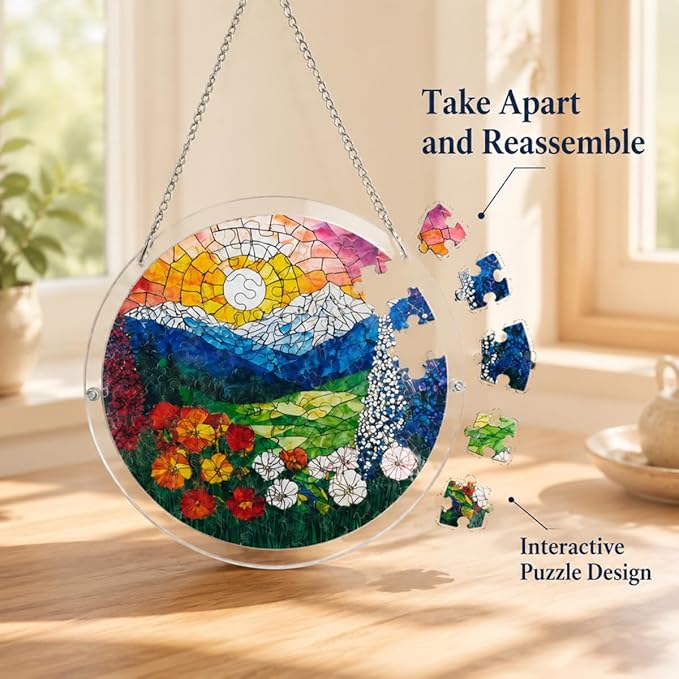 Acrylic Suncatcher Puzzle, 83 Pieces Unique Landscape Sun Catcher Puzzle Kit for Doors Garden and Window Hanging, DIY Suncatcher Kits for Adults, 7.4 in