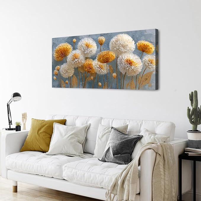 Abstract White Flower Wall Art Golden Floral Pictures Wall Decor Neutral Flowers Canvas Painting Boho Blossom Posters Print Nature Botanical Artwork Bedroom Living Room Office Home Decoration 24x48