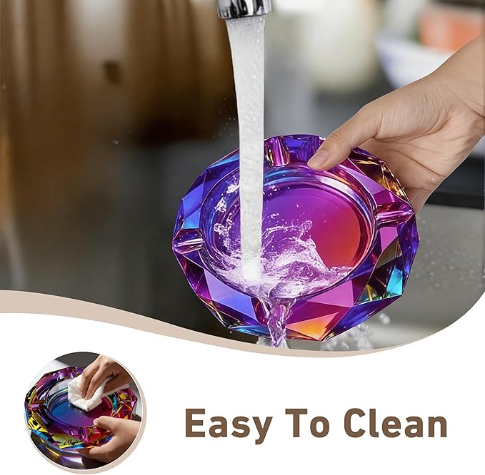 Coomin 5.9in Large Crystal Glass Ash Tray, Sparkly Cigarettes Cigar Ashtray, Ashtrays for Smokers Indoor Office Home Desktop Tabletop, Gifts for Women, Purple