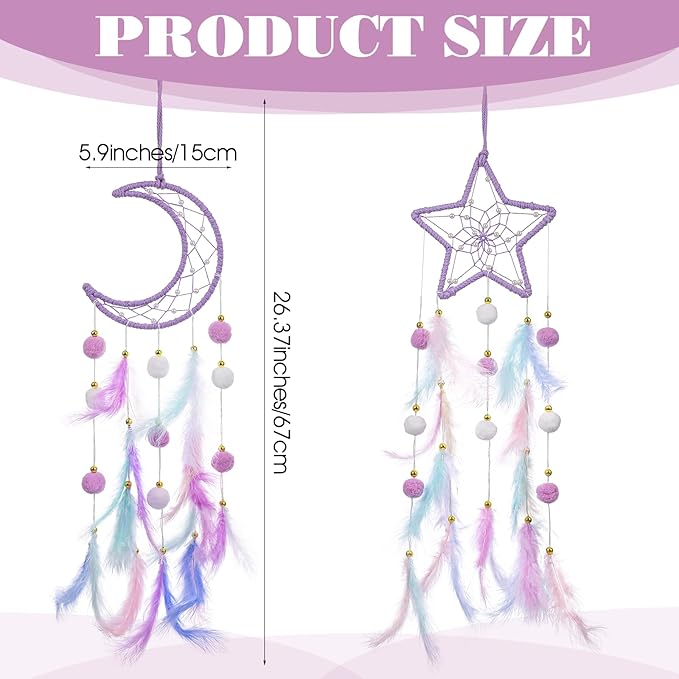 Dream Catcher Wall Hanging Set, 2 Pcs Purple Dream Catchers Wall Decor Feather Hanging Ornaments Moon Star Design Dreamcatcher for Girls Bedroom Room Decor Birthday