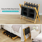 Natural Bamboo Luggage Rack with 4 Storage Compartments ，Foldable Suitcase Stand, Luggage Rack for Guest Room , 150lbs Capacity, Sturdy,