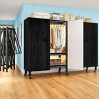 Heavy Duty Portable Closet with Cover Magnetic Doors, Metal Rolling Clothes Rack Heavy Duty 1500LBS, Foldable Clothing Rack, Garment Racks for Bedroom/ LivingRoom/ Rental (KT Woodgrain Black, 74.8in)