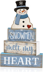 Moucuny 4 Pcs Winter Table Decorations Blue and White Snowman Decor Winter Tiered Tray Decor Valentines Day Centerpiece Rustic Decorative Hat Snowman Block Signs Gift Farmhouse for Home Kitchen Shelf
