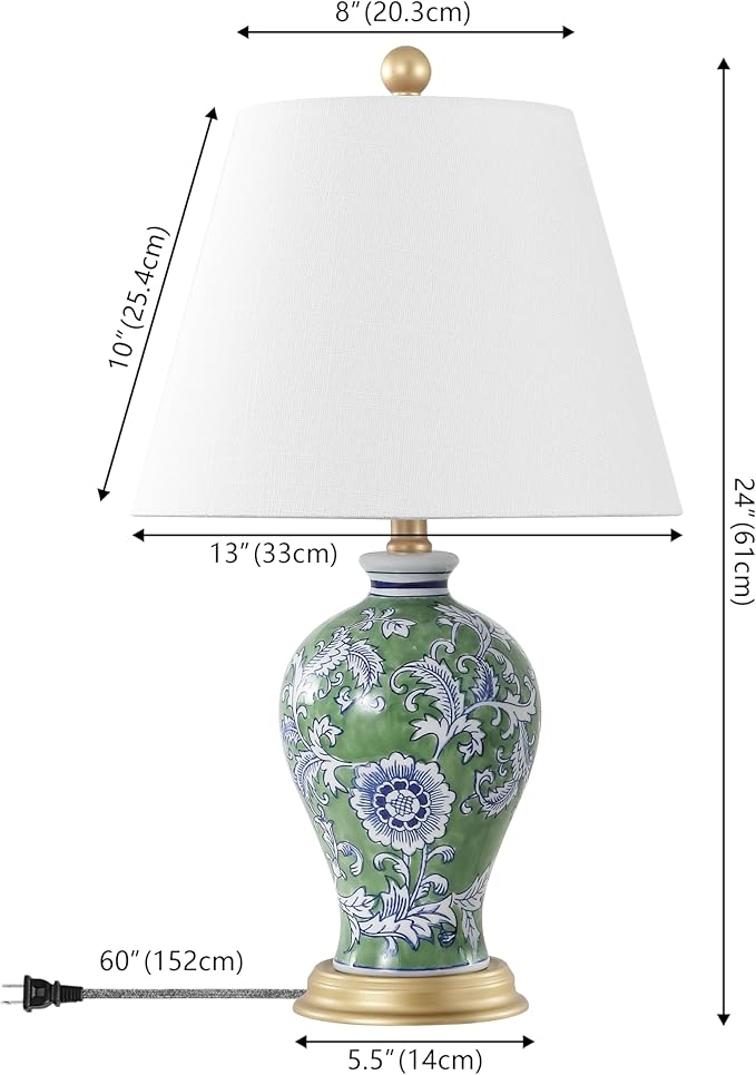 JONATHAN Y 24" Green/White French Country Ceramic Floral Urn Table Lamp, White Linen Shade, Chinoiserie Ginger Jar Bedside Lamp for Living Room Bedroom, LED Bulb (JYL3009F)
