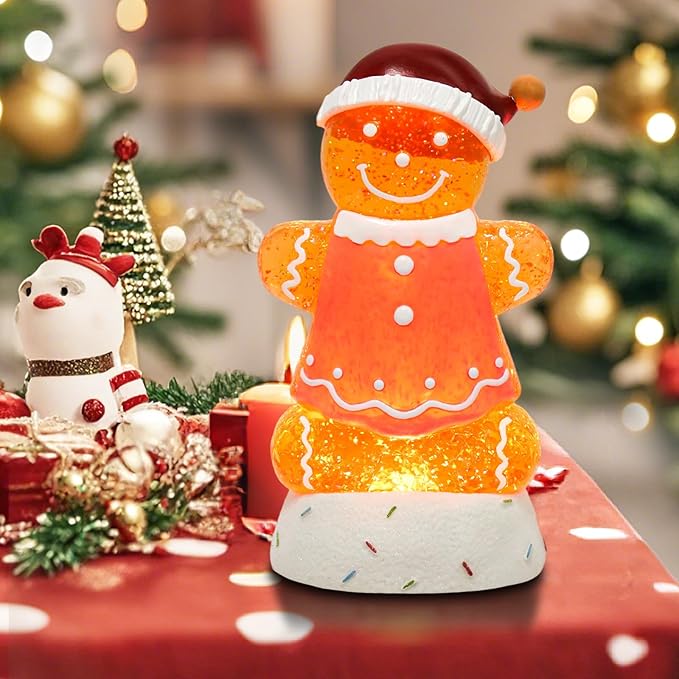 Gingerbread Christmas Snow Globe Lantern with 8 Music Songs & 6H Timer Water Snow Globe Lantern USB & Battery Operated for Christmas Festival Decorations Gifts (Pink Gingerbread)