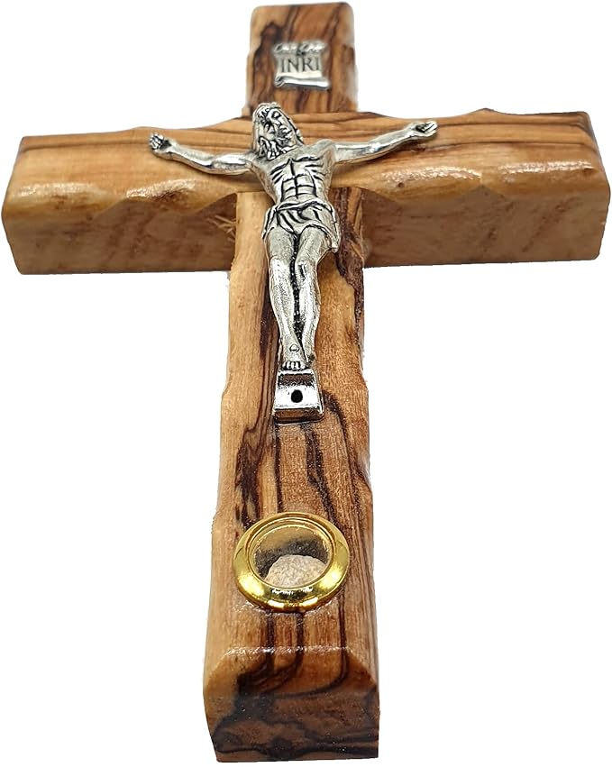 Zuluf 4.7" Olive Wood Catholic Wall Cross with Crucifix and Holy Land Stone Christian Gift Handmade Israel CRS046