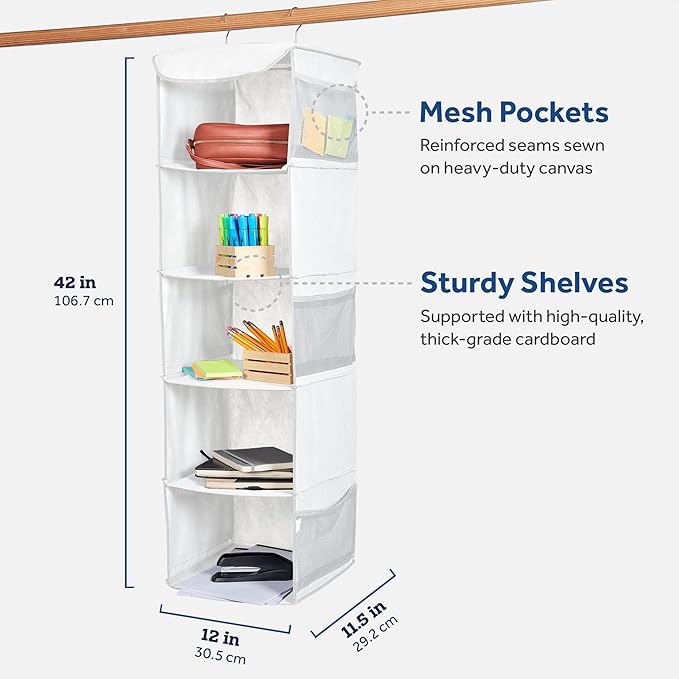 ZOBER Hanging Closet Organizer, 5-Shelf - Hanging Storage Organizer Shelves for Clothes, Towels, Toys - College Dorm Room, Nursery, & Home Closet