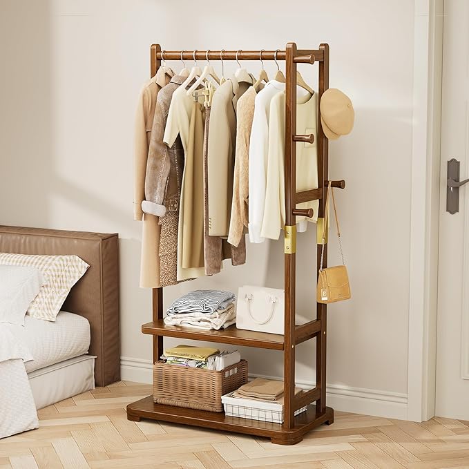 Coat Rack Solid Wood Clothes Rack with 2 Shelves & 4 Hooks for Hanging Clothes Garment Wallets Hats, Clothing Rack Heavy Duty Coat Rack Freestanding with Storage Hall Tree for Hallway Bedroom