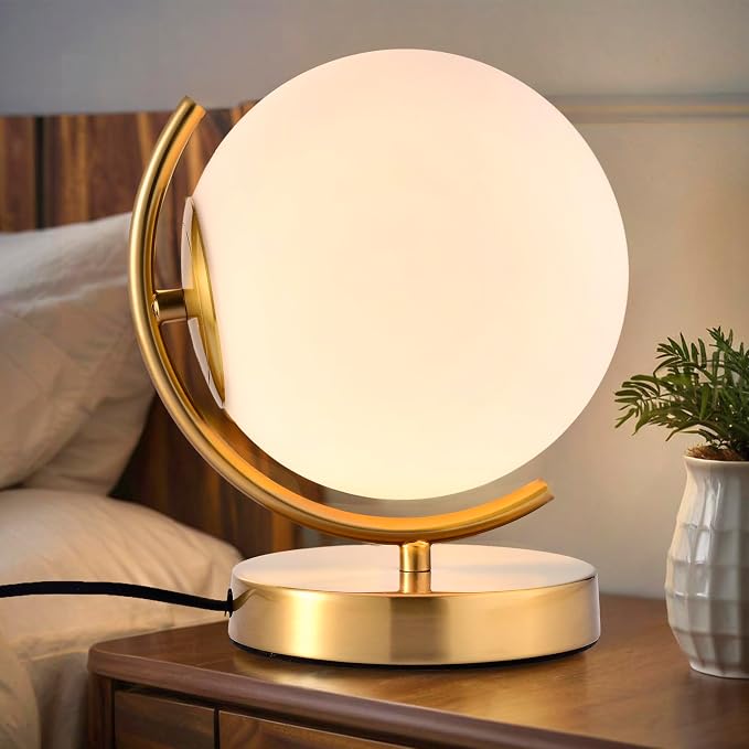 Gold Modern Globe Table Lamp with 7.1'' Glass Goble Shade Mid Century Table Lamps Desk lamp Metal Standing lamp for Bedroom Living Room Office