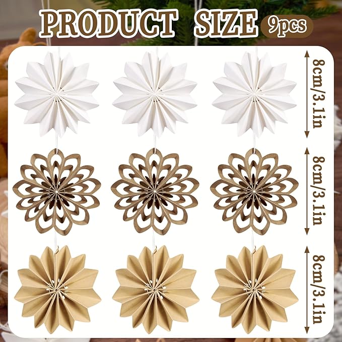 EASY JOY 9Pcs Christmas Hanging Decorations - 3D Paper Christmas Tree Hanging Decor Log White Snowflake Ornaments Christmas Decorations Outdoor Indoor for Xmas Party,Boho Home,Window Door Decor