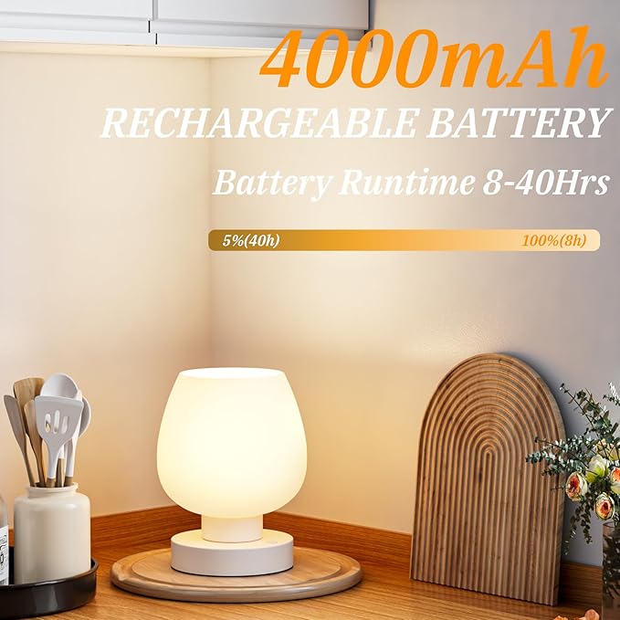 Seealle Cordless Touch Table Lamp for Nightstand - Small Bedside Lamp for Bedroom Night Stands, Desk Lamp with White Glass Shade for Small Spaces Living Room, Stepless Dimmable, LED Bulbs, Gifts