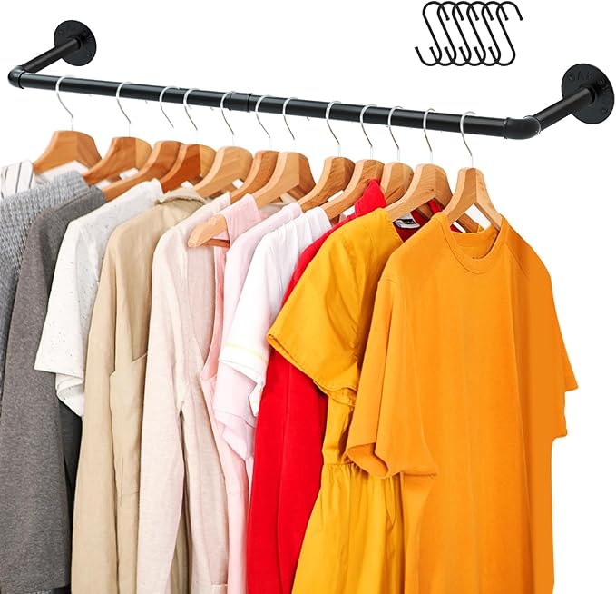 ERYTLLY RYTLLY Industrial Pipe Clothes Rack 38”,Multi-purpose Wall Mounted Iron Garment Rod,Heavy Duty Detachable Hanging Clothes Rack for Closet Rod,Black