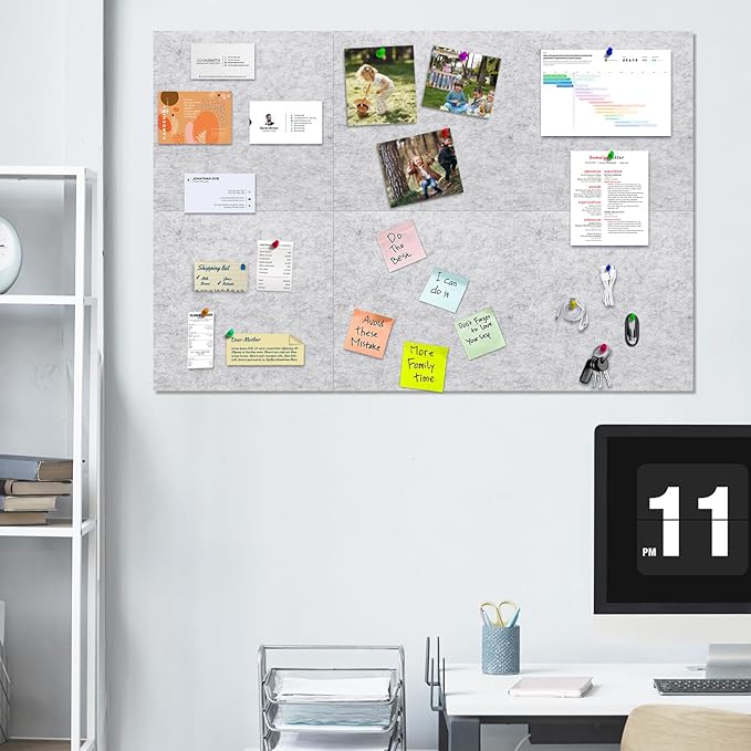 6 Pack Cork Board Felt Bulletin Board with 60 Push Pins, 1/2" Thick Pinboard Square Tiles for Wall Organizer - Home Office Classroom Decor, Photo Display, Memo Board (11.8"x11.8"- Light Grey)