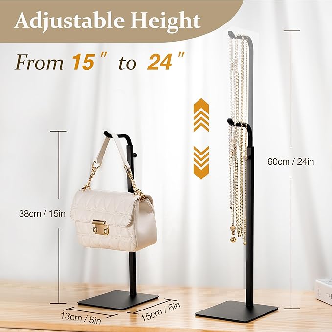 2 Pack Purse Holder Handbag Display Stand: Hanger Rack Showing Bags, Purses, and Wreath, Adjustable Black Hook Stand for Tabletop, Closet, Desk, and Retail Use for Vendors