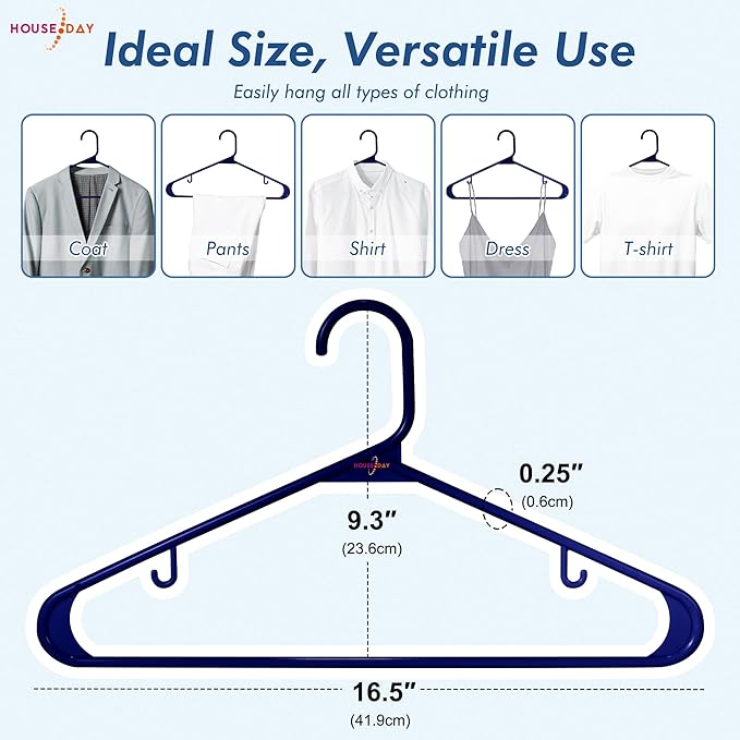 HOUSE DAY Black Plastic Hangers 40 Pack, Plastic Clothes Hangers with Built-in Strap Hooks, Space Saving Slim Hanger for Closet Organizers and Storage, Durable Clothing Hanger for Shirts Blouses Tops