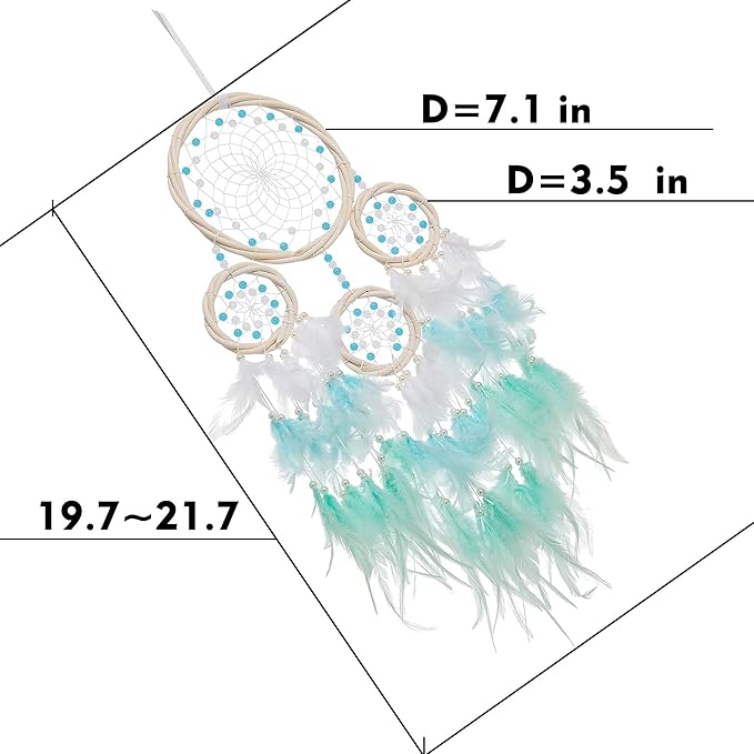 Large Rattan Dream Catchers - Light Blue Rooster Feather with Luxury Pearl, Multiring, Handmade Dreamcatcher for Bedroom, Dream Catcher for Girls, Dream Catchers for Boys, Dream Catcher Wall Decor