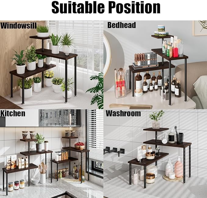 Countertop Organizer Organization 3 Tier Kitchen Corner Shelves Adjustable Spice Storage Rack for Bathroom Coffee Area Over Sink (Black Oak)