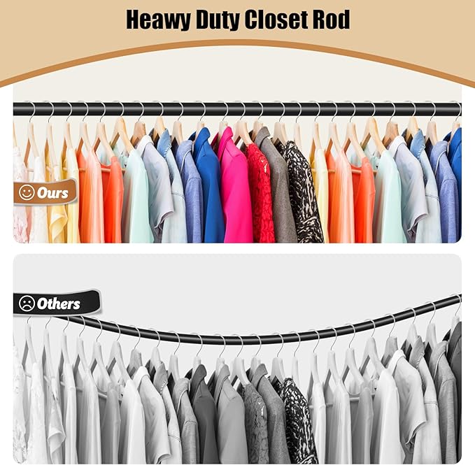 Closet Rod, 16 to 51 Inch Closet Rods Heavy Duty Adjustable Wardrobe Poles for Hanging Clothes and Heavy Duty Bracket Closet Pole Support (The Shelf NOT Included)(Black)