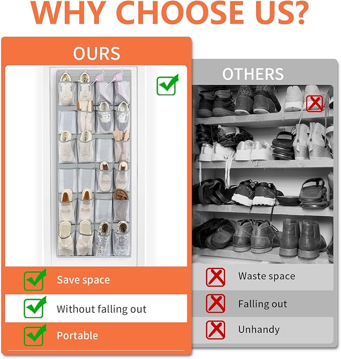 FENTEC 2 Pack Over the Door Shoe Organizer Hanging Shoe Organizer for Closet, Space Saving Mesh Large Pocket Shoe Storage and Organizer with 24 Packets, Shoe Holder for Apartments Garages, Gray