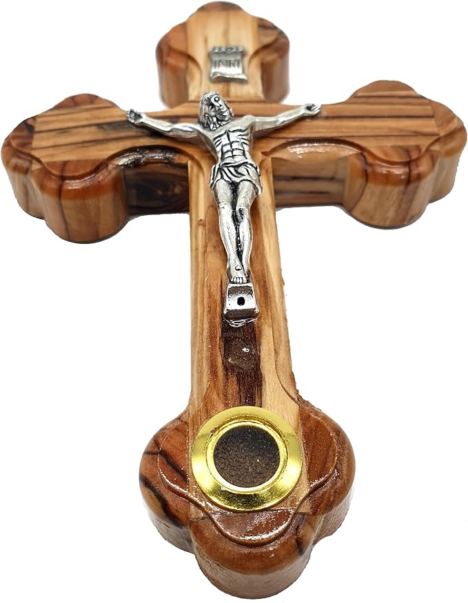 Zuluf 5.5" Wooden Wall Cross with 14 Stations Crucifix and Jerusalem Soil Christian Holy Land Gift from Israel CRS092