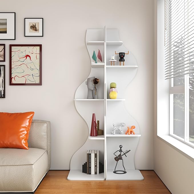 YOWOS Modern Corner Shelf, 5 Tier High Corner Bookshelf for Small Spaces, Scalloped Corner Bookshelf and Storage, Wooden Display Stand for Plants, Books and Decorations (White)