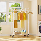 Double Rods Clothes Rack, Rolling Clothing Rack for Hanging Clothes Portable Wardrobe Rack, Metal Garment Rack Sturdy Coat Rack for Bedroom Laundry Living Room, White