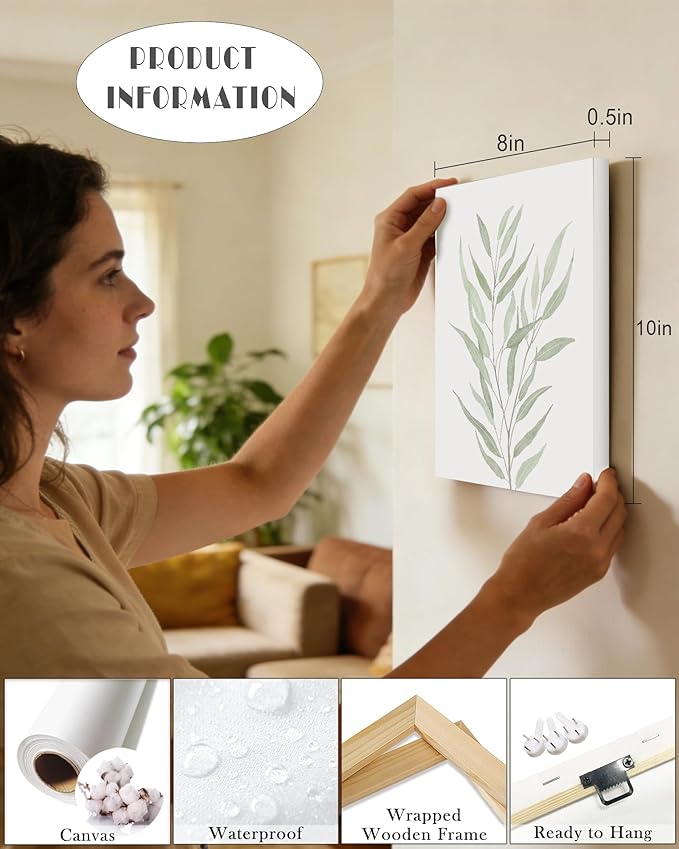 Drsoum Botanical Plant Framed Wall Art Boho Wall Decor for Bathroom Sage Green Eucalyptus Leaf Prints Minimalist Aesthetic Ready to Hang Set of 4, 8x10 in (Framed)