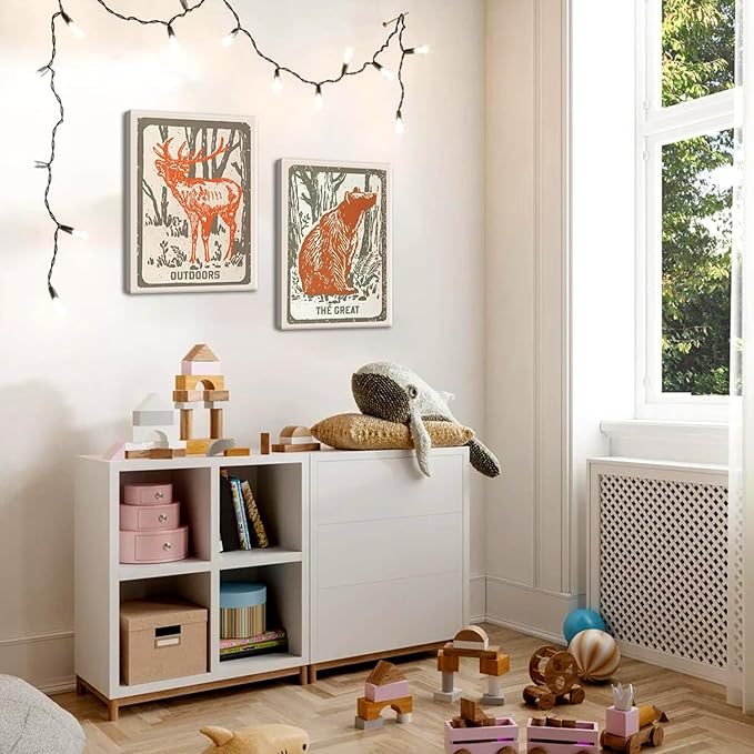Framed Forest Deer Bear Canvas Wall Art Set of 2, Nursery Wildlife Animal Pictures Wall Decor, Outdoor Nature Woodland Hunting Paintings Prints Farmhouse Home Decor for Kid's Room Bedroom 16x24 inch