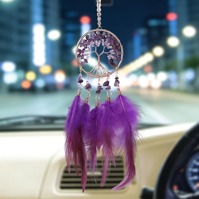 Pretty Jolly Small Tree of Life Crystal Stone Dream Catchers Purple Feathers Mini Dreamcatchers for Cars Rear View Mirror Hanging Decoration Good Luck Travel Charm Bedroom Ornaments for Women Girls