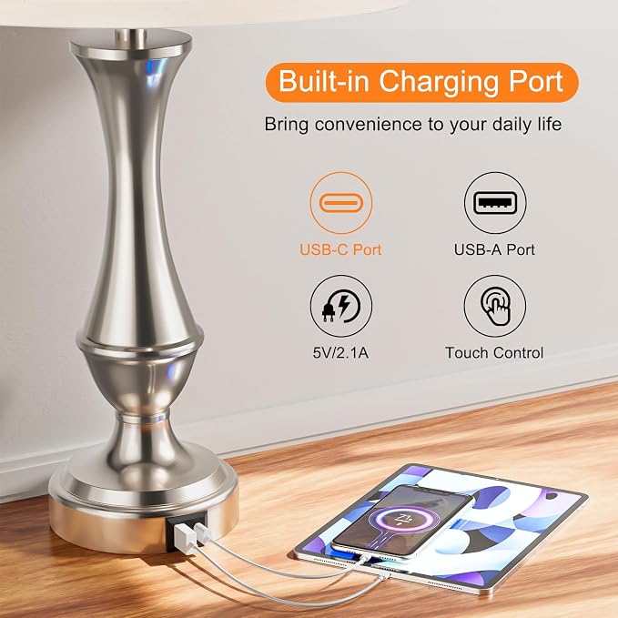 Seealle Upgraded Touch Lamps for Night Stands Set of 2 - Bedside Lamps with USB C+A, 3 Way Dimmable for Bedroom Living Room End Tables Office (Weaving White&Silver)