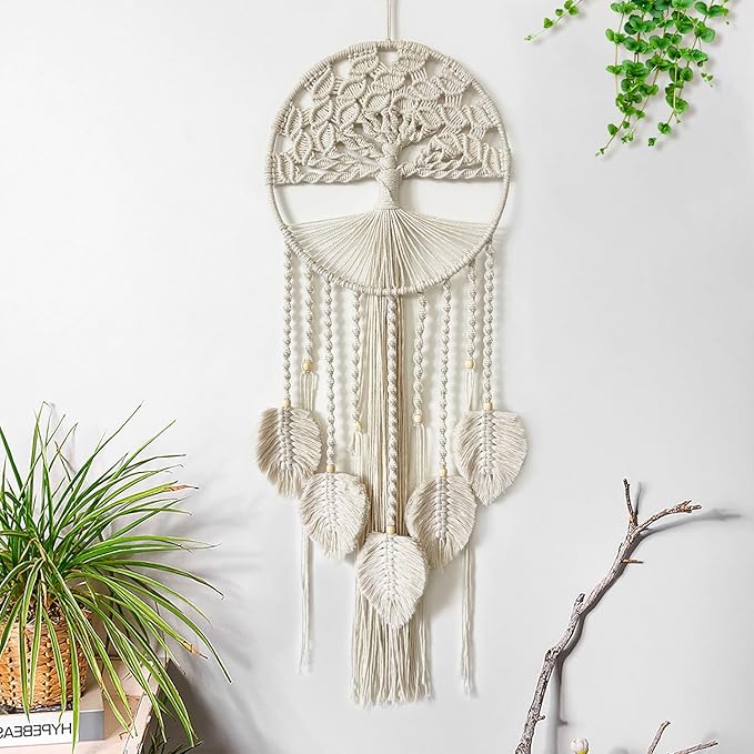Large Tree of Life Dream Catchers, Macrame Wall Hanging Boho Handmade Woven Dream Catcher Macrame Wall Decor Art for Adults Boys Girls Bedroom Wedding Party Decor, Festival Blessing Gift（Light Beige）