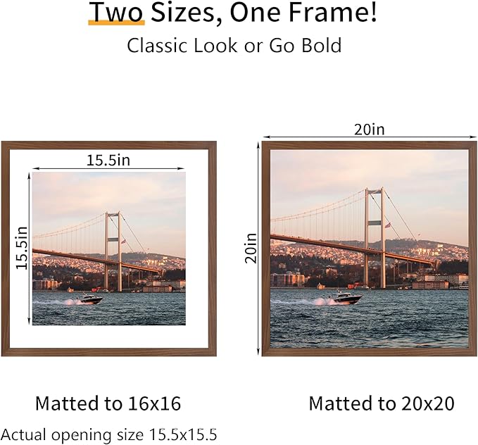20x20 Picture Frame 3 Pack - Brown Poster Frame Display Pictures 16x16 with Mat or 20 x 20 Without Mat for Wall Hanging Horizontal and Vertical