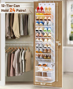 MISSLO 12 Tier Over the Door Shoe Organizer Large Capacity Hanging Shoe Rack for Closet Storage Narrow Sneaker Holder for Door Fit 24 Pairs Sandals, Heels, Boots (White)