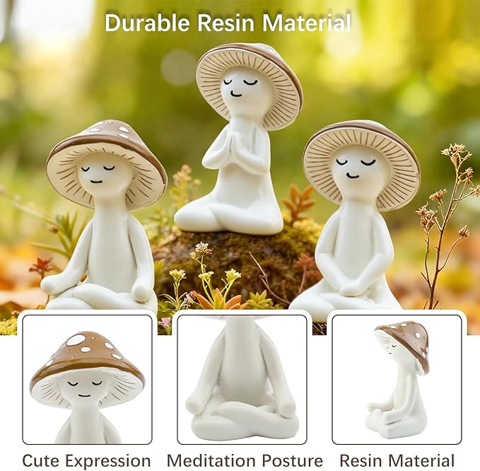 Meditation Mushroom Resin Statues – Cute Yoga Mushroom Figurines for Desk, Home, Office & Garden Decor – Zen Resin Sculptures for Living Room, Patio, Tabletop & Backyard (3 Pack, Mushroom)