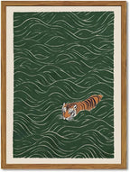 Framed Japanese Tiger Wall Art, Vintage Tiger Swimming Pictures Wall Decor, Funny Wild Animal Paintings Canvas Prints Eclectic Home Decor for Living Room Bedroom Bathroom 16x24 inch