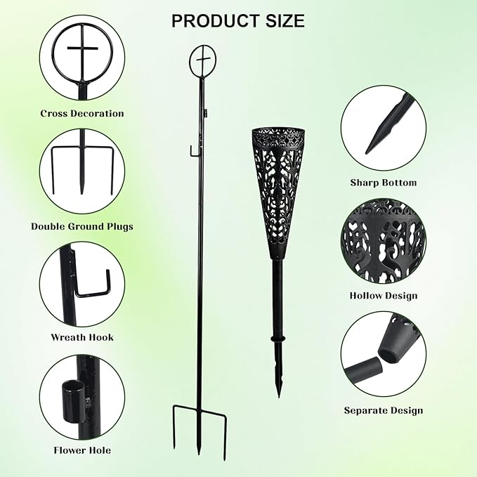 Cemetery Wreath Stands & 2 PCS Cemetery Vase, 38" Christmas Metal Wreath Holder Stand with Cross 3 Pronged Decor, Gravestone Wreath Hanger Headstone Flower Holder for Xmas Memorial Day Graveside Decor