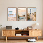 KAlRNE Modern Coastal Framed Canvas Wall Art Set of 3(24”X36”),Neutral Beach Sailboat Wall Decor,Ocean Lighthouse Picture,Photography Seagull Seascape Art Prints For Living Room Bedroom Office