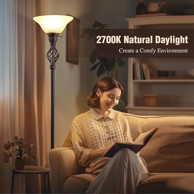 GyroVu Torchiere Floor Lamp for Living Room, LED Standing Reading Light for Bedroom with Glass Shade for Living Room Corner Bedroom Home Office,Bulbs Included (Yellow Lampshade, Glass 1 Head)