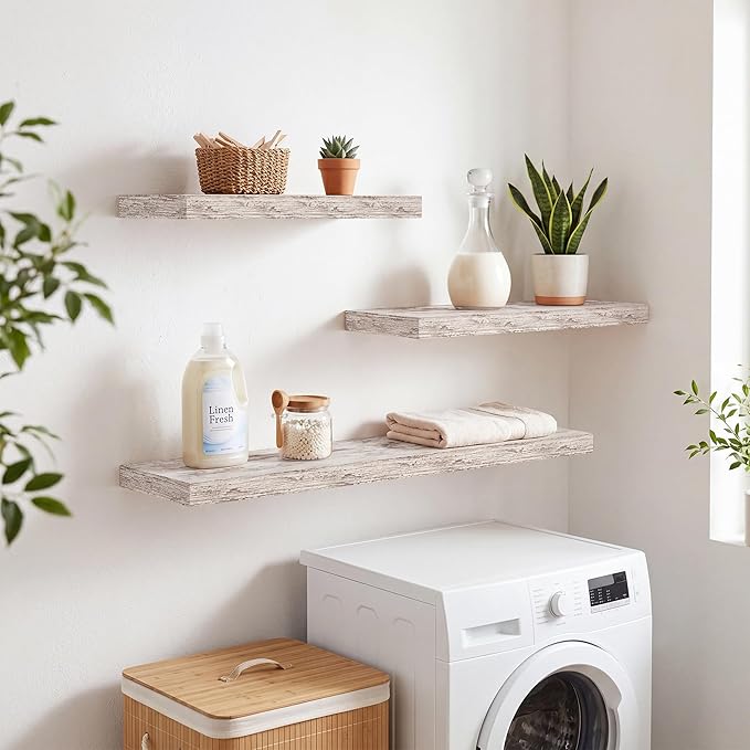 RICHFOCUS 40Inch Floating Shelves for Wall 2 Pack Shelves for Bedroom|Kitchen|Bathroom|Laundry Room Rustic Wood Wall Mounted Shelf with Invisible Brackets for Books|Storage|Decor, Rustic White