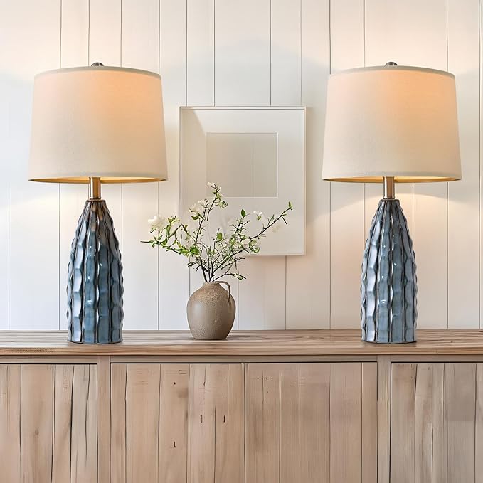 USumkky Ceramic Table Lamps Set of 2, 23.75" Modern Farmhouse Bedside Lamp - Blue Nightstand Lamps for Bedroom, Boho Living Room End Tables, Small Office Desk Lamp Decor