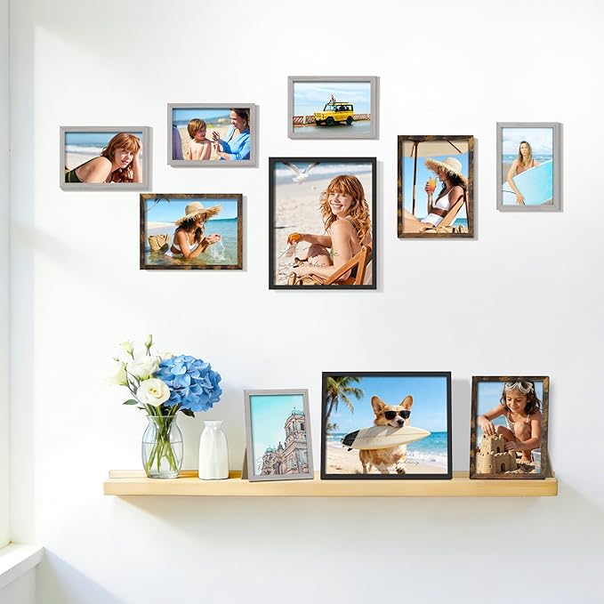 15 Pack Picture Frames Collage Wall Decor, Frame Set with 3pcs Black 8x10, 6pcs Brown 5x7, and 6pcs Grey 4x6 for Gallery Display, Wall Mounting & Tabletop, Bulk Photo Frames for Living Room Decor