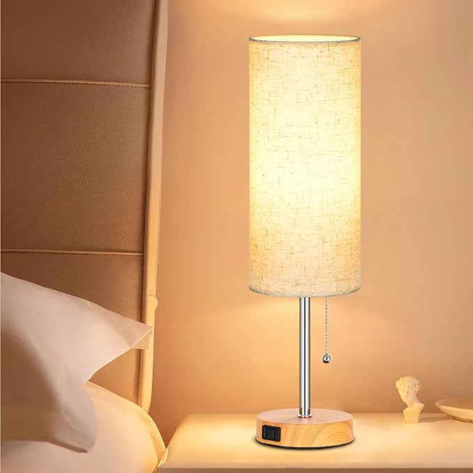 Dott Arts 18" Table Lamp for Bedroom, 3-Color Bedside Lamps with Pull Chain, Bedroom Table Lamps for Nightstand,AC Outlet Small Lamp for Living Room, Bulb Included Wood