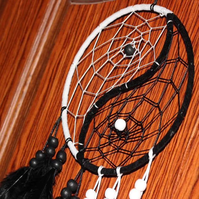 Yahpetes Dream Catcher 19.7" Feather Chandelier Ornaments Handmade Indian Wall Decoration Interior Rearview Pendant Charm Car Hanging with Feathers Beads (Black and White)