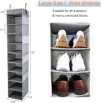 Large-Sized Hanging Shoe Organizer 10-Shelf, Sturdy Hanging Closet Organizer with 8 Side Pockets, Wider Hanging Shelves for Storage Shoes Clothes Jeans Shirts Toys, Grey