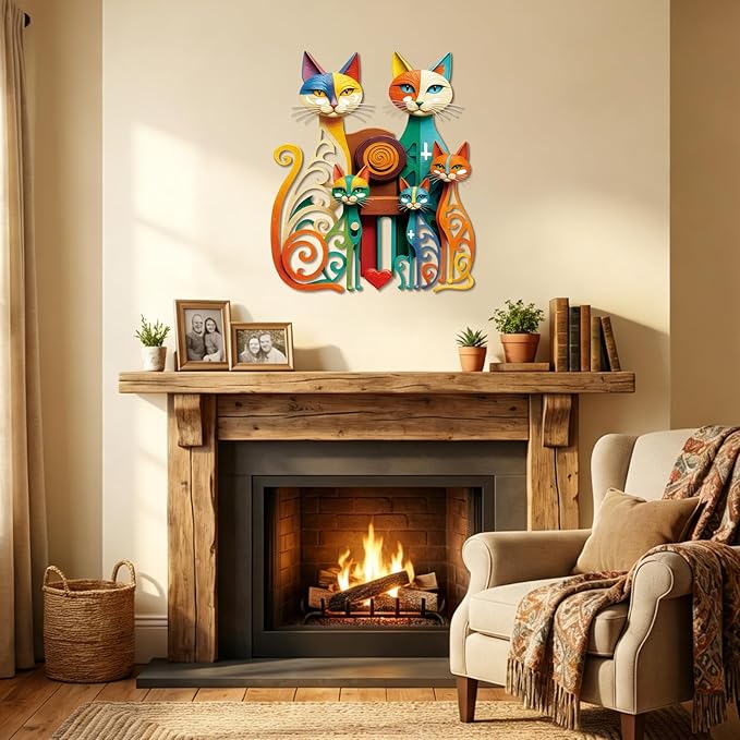 Wesiti Cat Wall Art Decor Iron Wall Sculptures Decor for Cats Lover 12.6 x 15.7 Inches Colorful Mid Century Cat Retro Signs for Home Living Room Bedroom Kitchen Office(Refined)
