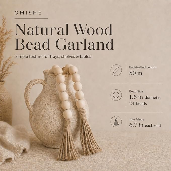OMISHE 50" Long Extra Large Wood Bead Garland with 1.6" Diameter Wooden Beads and Tassels, Rustic Farmhouse Country Decorative Beads for Home Decor Tiered Tray Decor, Natural Beige