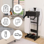 Wooden Valet Stand for Men, Suit Valet Stand with Top Tray, Storage Drawer, Bottom Shoe Rack, Freestanding Clothes Rack for Living Room, Entryway, Bedroom (Black with 1 Storage Drawers)